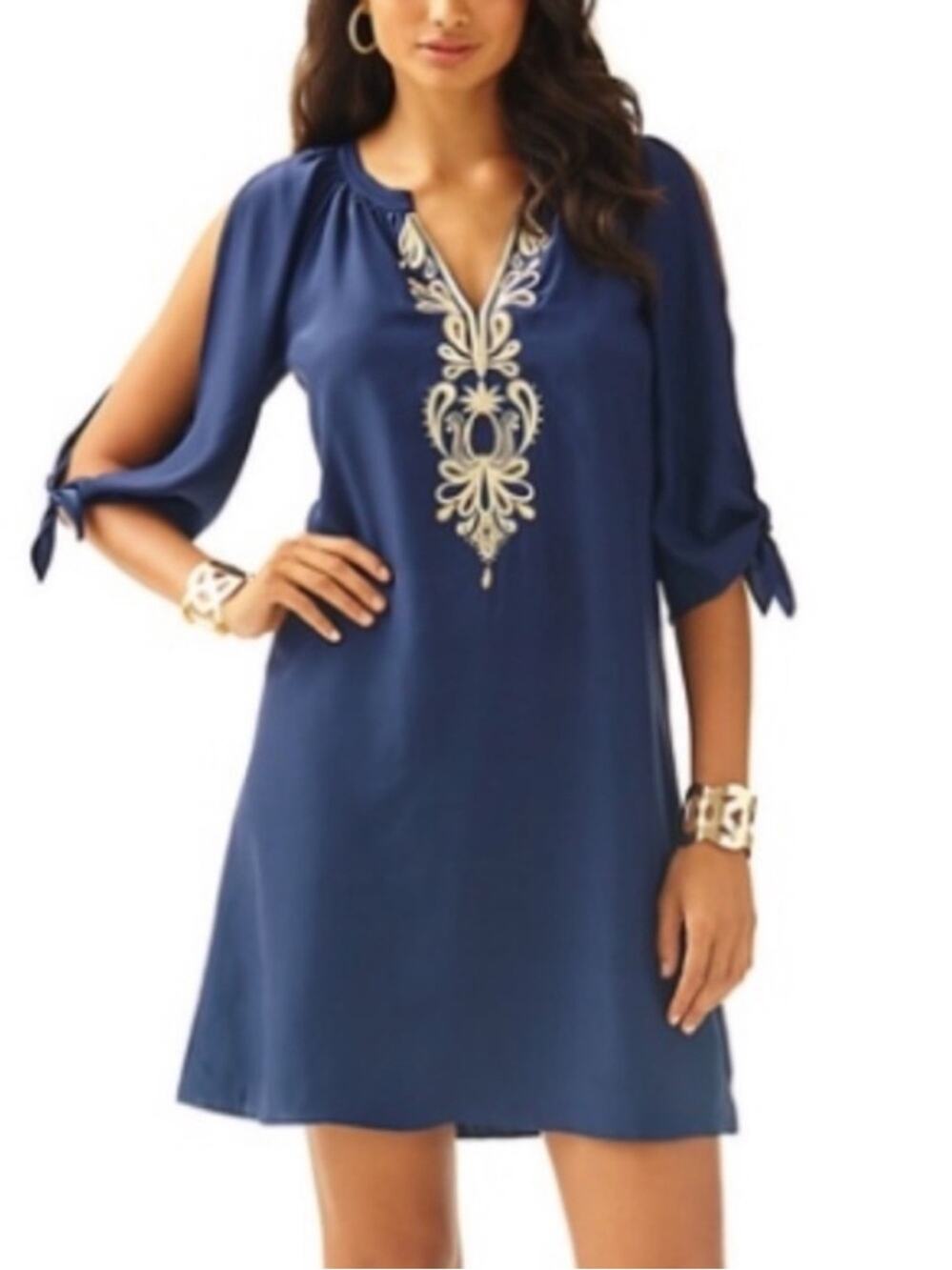 Lilly Pulitzer Women’s Bryce Navy Blue Silk Tunic Mini Dress Gold Embroidery S